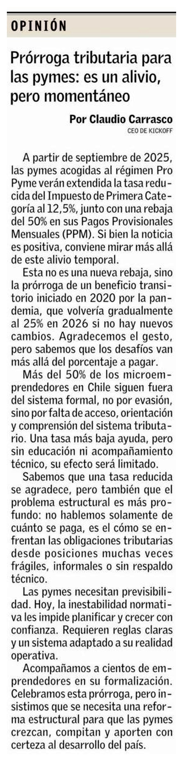 Columna de opinión 'Prórroga tributaria para las pymes: es un alivio, pero momentáneo', por Claudio Carrasco, CEO de Kickoff.