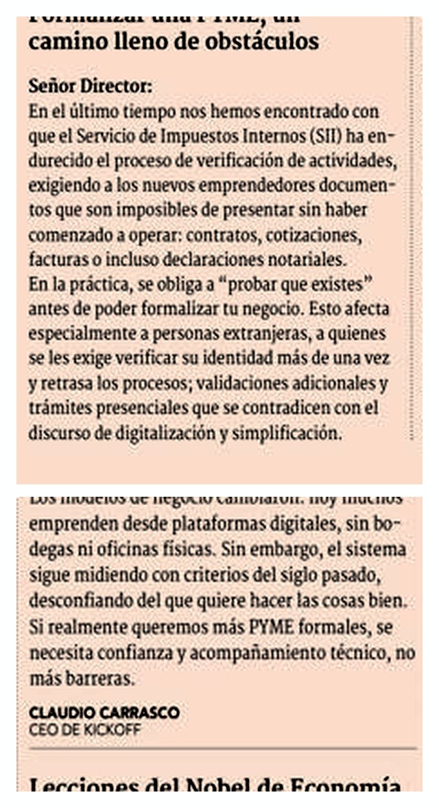 Recorte de Diario Financiero, 16 de octubre de 2025: carta al director 'Formalizar una PYME, un camino lleno de obstáculos', firmada por Claudio Carrasco, CEO de Kickoff.