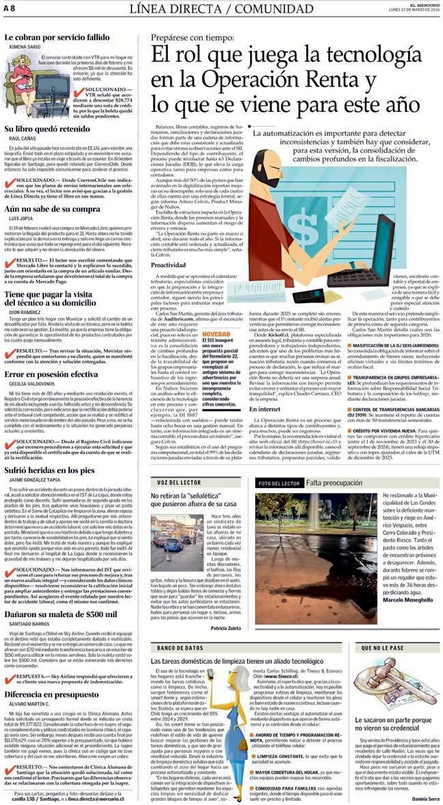 Página A8 de El Mercurio, 23 de marzo de 2026: reportaje 'El rol que juega la tecnología en la Operación Renta' con cita a Claudio Carrasco, CEO de Kickoff.cl.