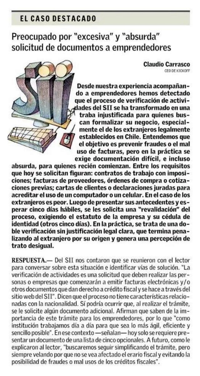 Sección Línea Directa de El Mercurio, 'El caso destacado': carta de Claudio Carrasco, CEO de Kickoff, sobre la solicitud de documentos del SII a emprendedores, con la respuesta del organismo.